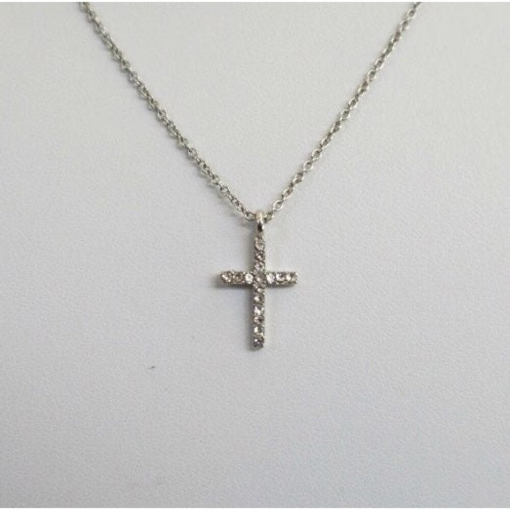 Dainty Silver Tone Rhinestone Cross Necklace